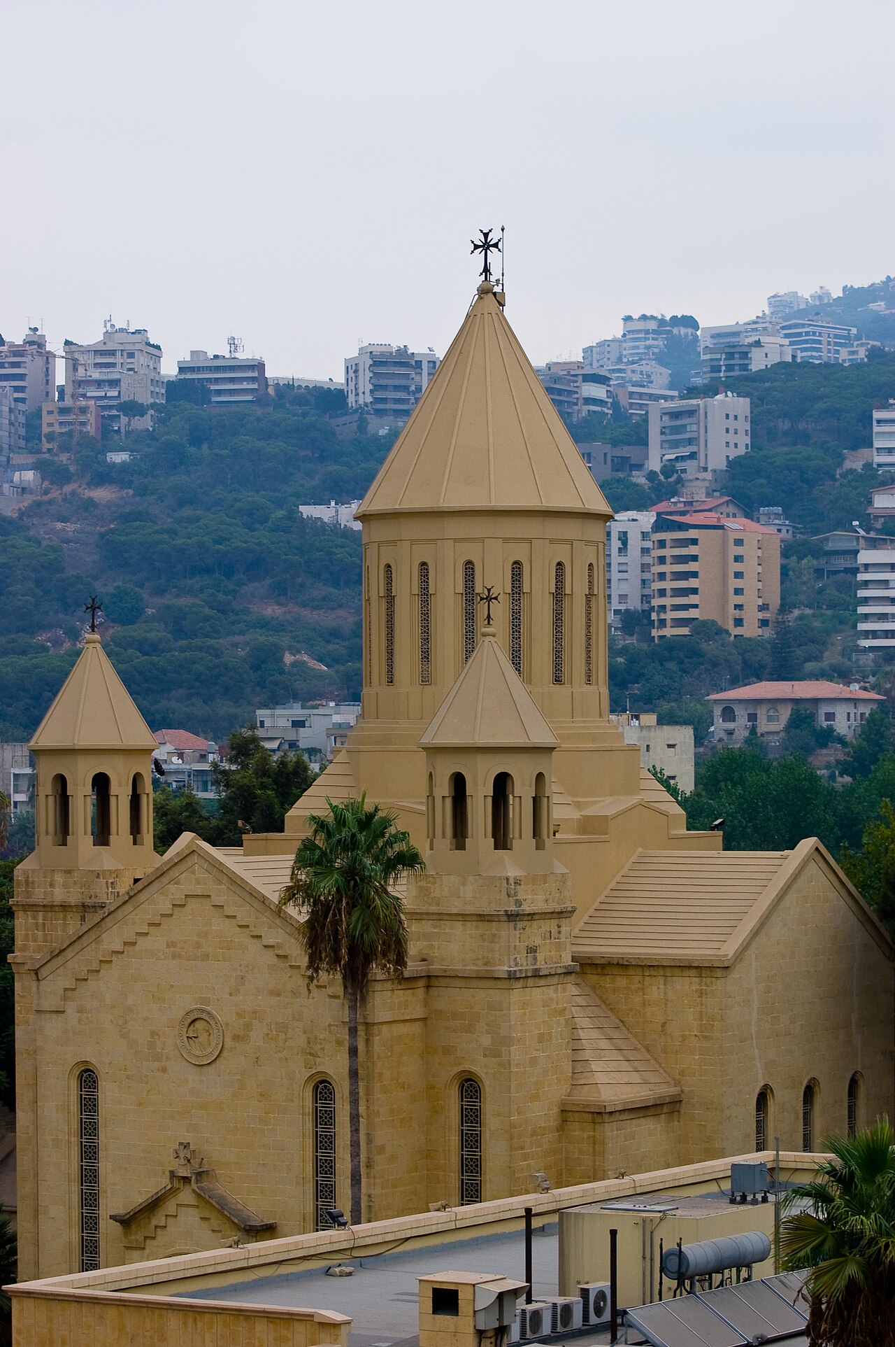 The exterior and central dome of Saint Gregory the Illuminator Armenian Cathedral in Antelias, Lebanon.