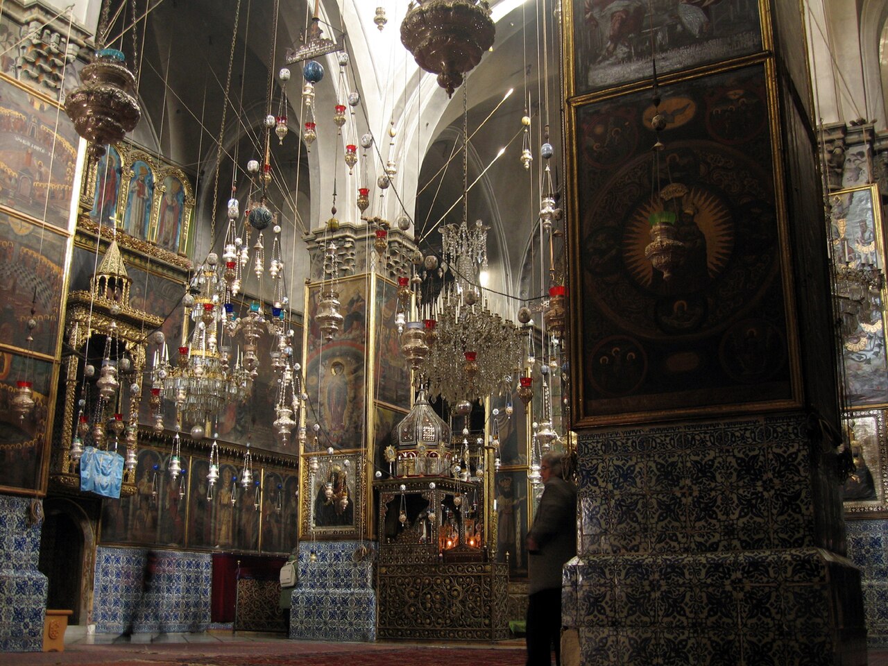 Interior of Saint James Cathedral in Jerusalem’s Armenian Quarter, with icons, lamps, and painted decoration.