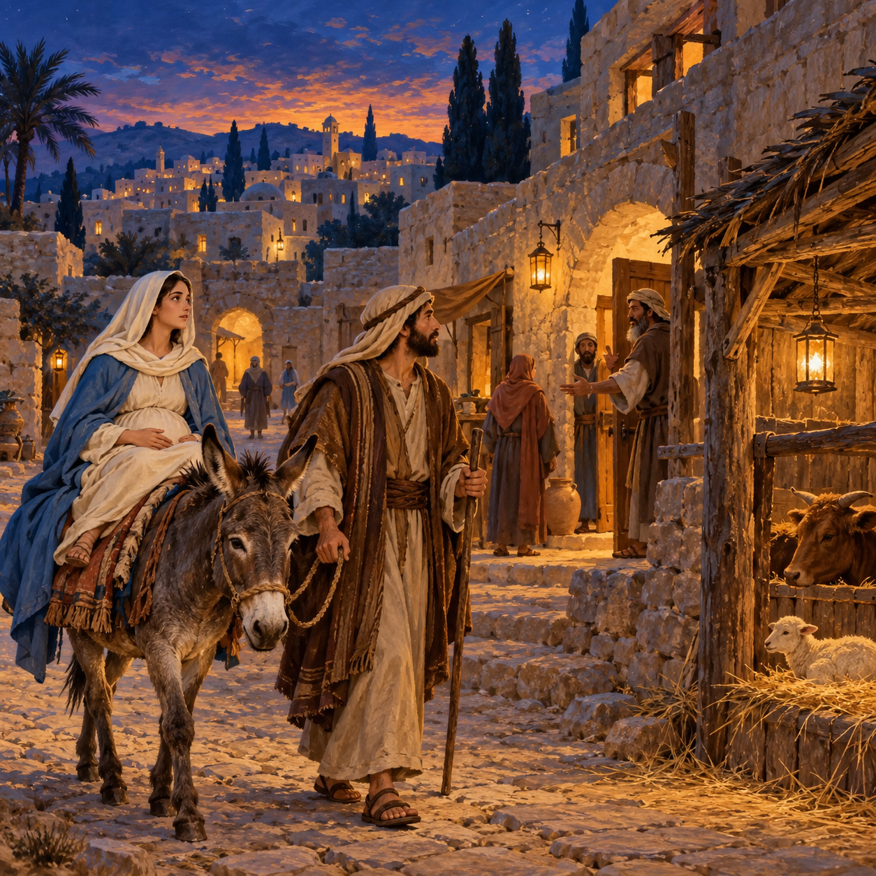 Mary and Joseph arrive in Bethlehem at dusk