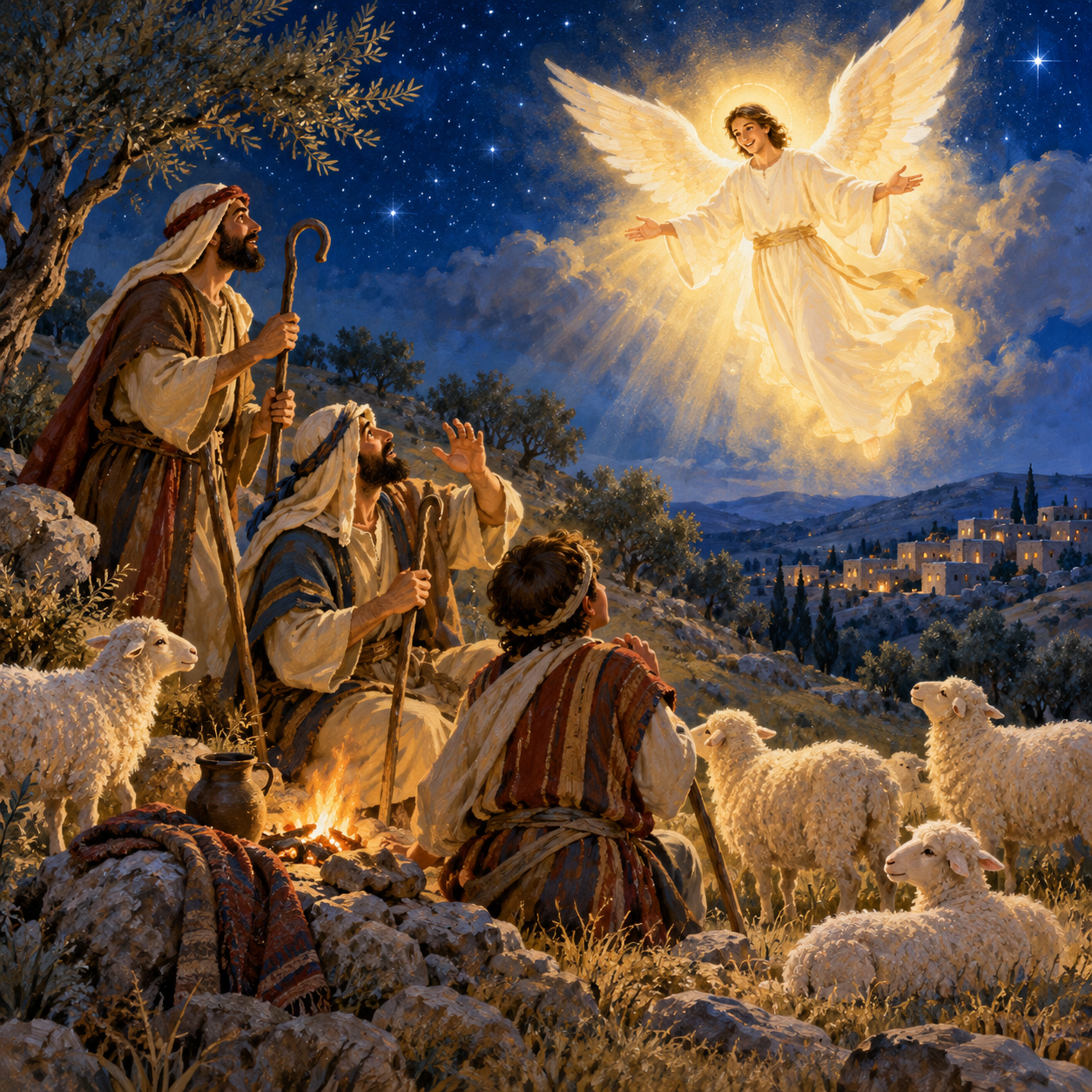 Shepherds see an angel announcing good news in the night sky